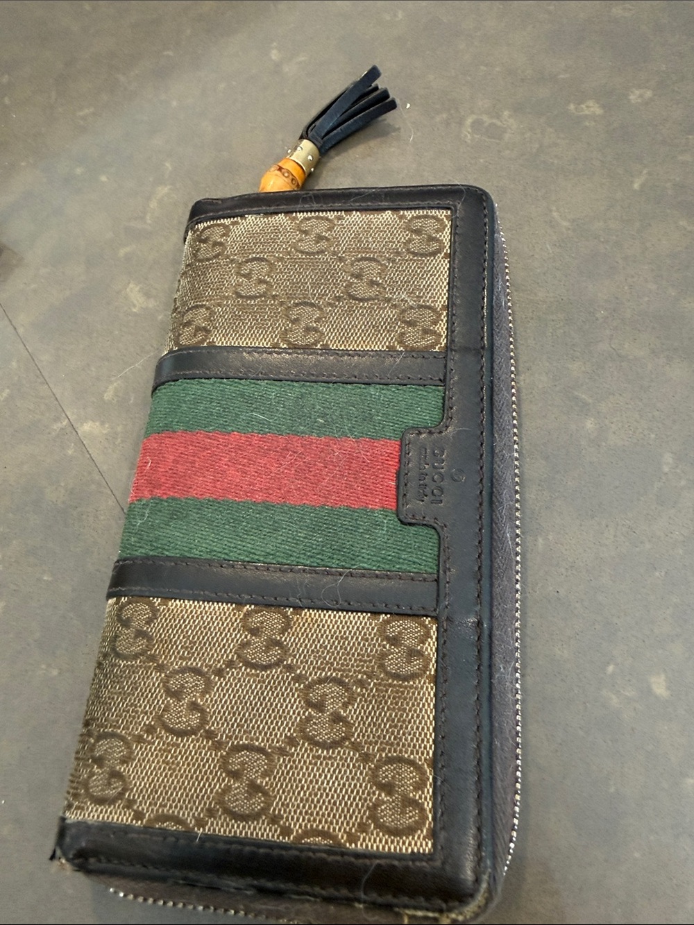 Gucci Brown GG Canvas Zip Wallet with Green and Red Web